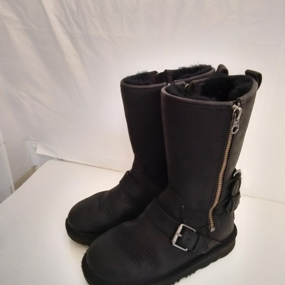 UGG Kids Kaila Boot size 13 Black Leather Shearling Lined - Picture 9 of 16